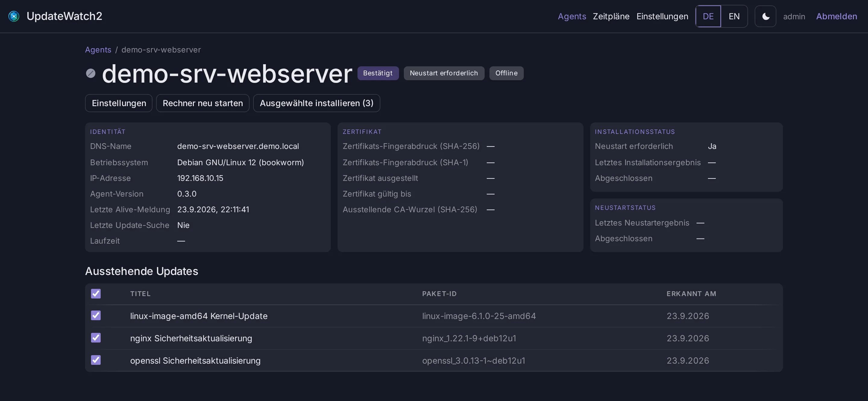 Detailansicht eines Linux-Servers mit drei ausstehenden Sicherheitsupdates, Zertifikatsdaten und Neustartstatus