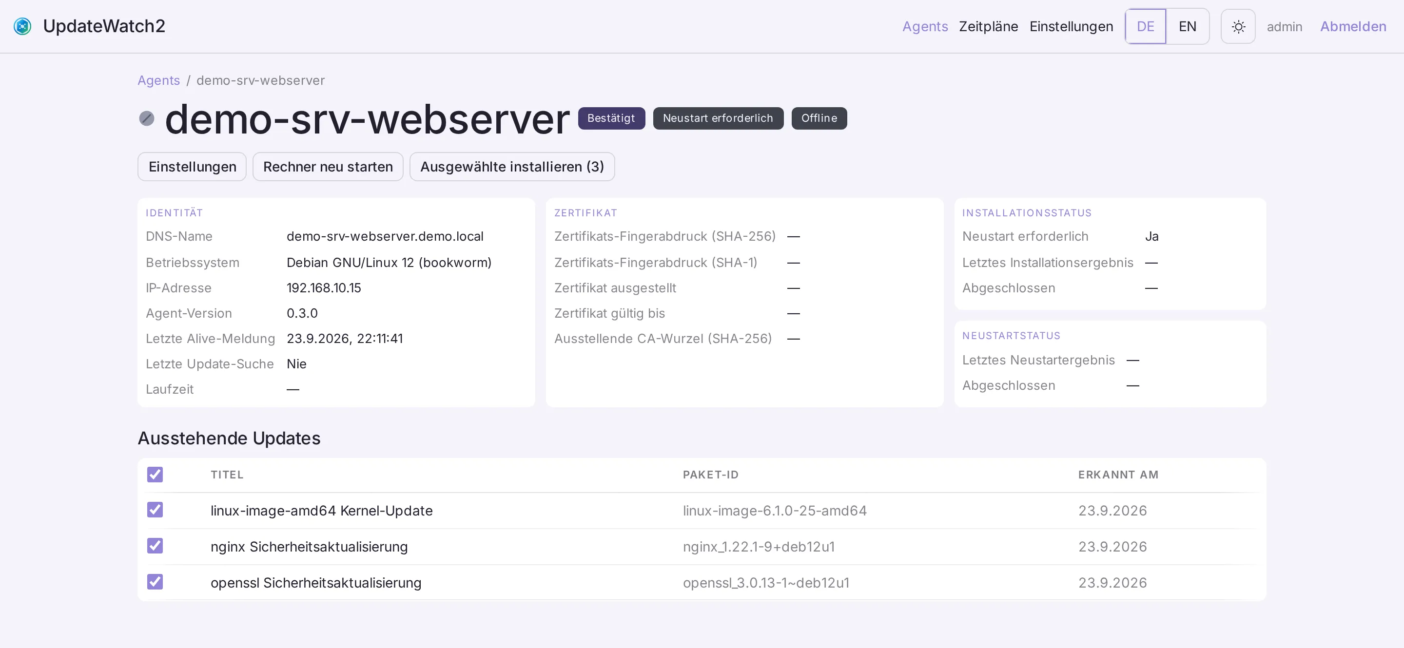 Detailansicht eines Linux-Servers mit drei ausstehenden Sicherheitsupdates, Zertifikatsdaten und Neustartstatus
