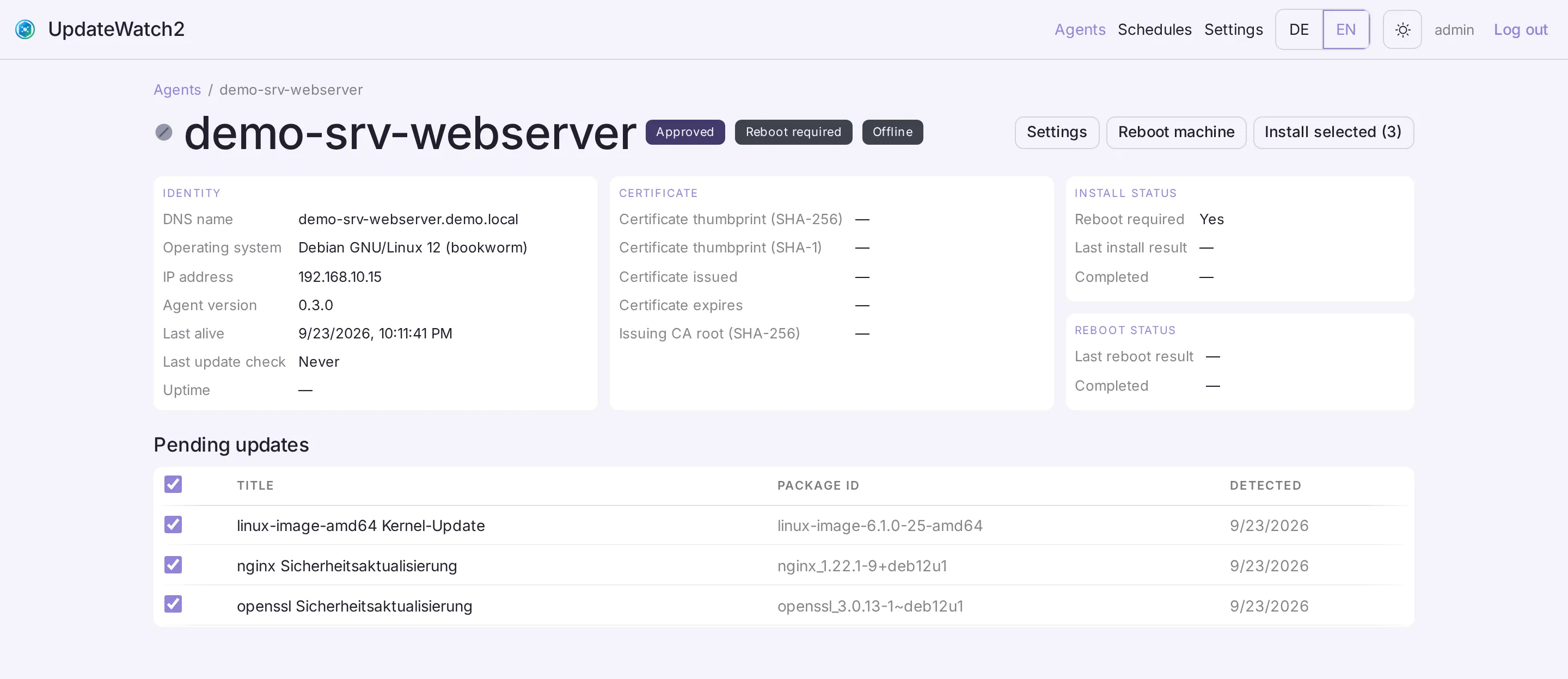 Detail view of a Linux server with three pending security updates, certificate data and reboot status