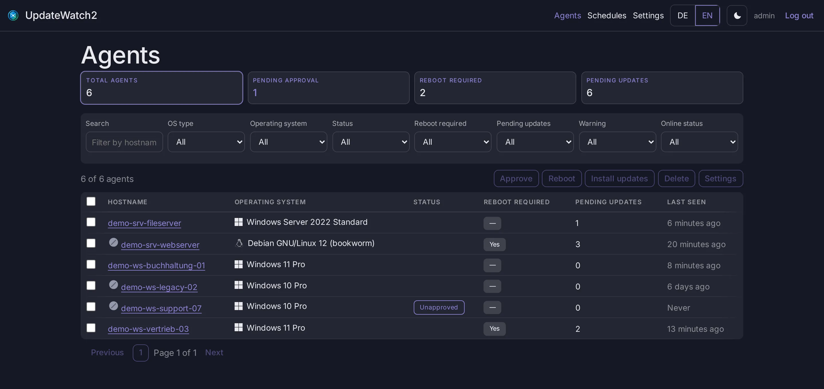 UpdateWatch2 agent overview with status cards, filters and a list of Windows and Linux machines