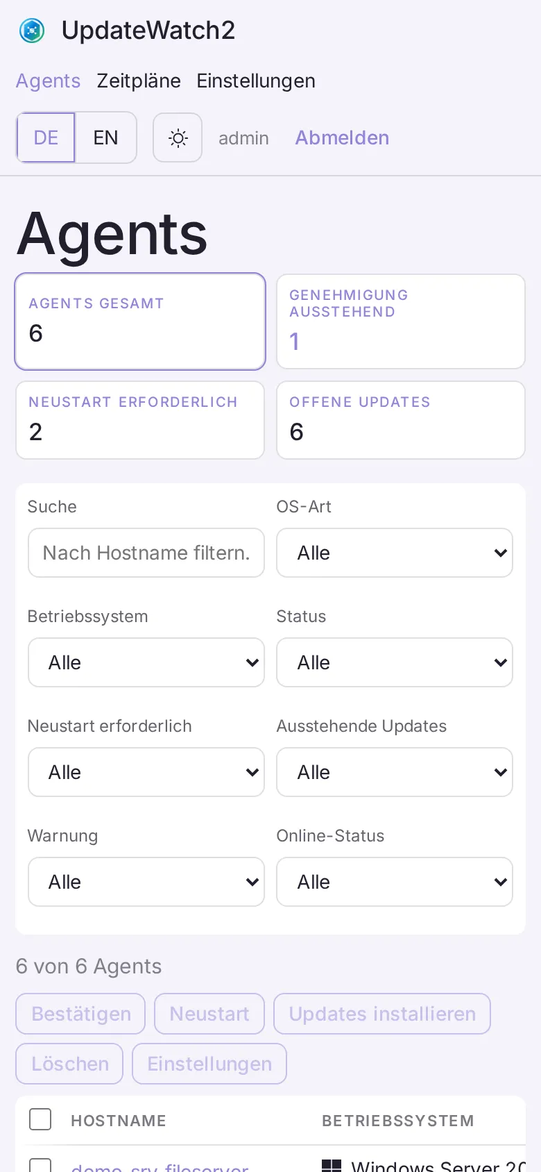 Agent-Übersicht von UpdateWatch2 auf einem Smartphone