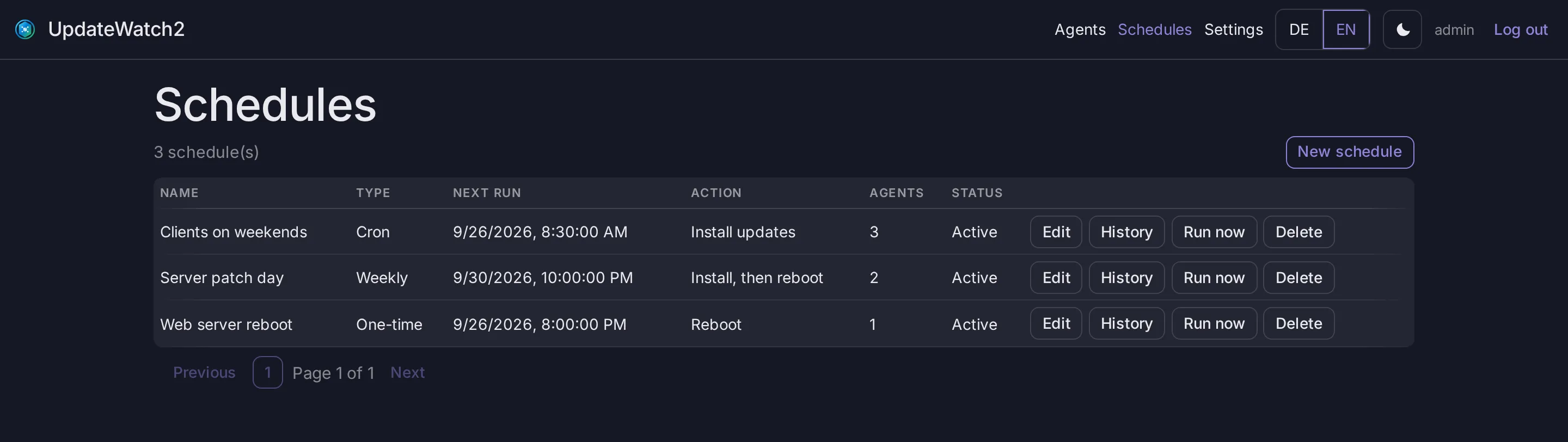 List of schedules of type cron, weekly and one-time with their next run