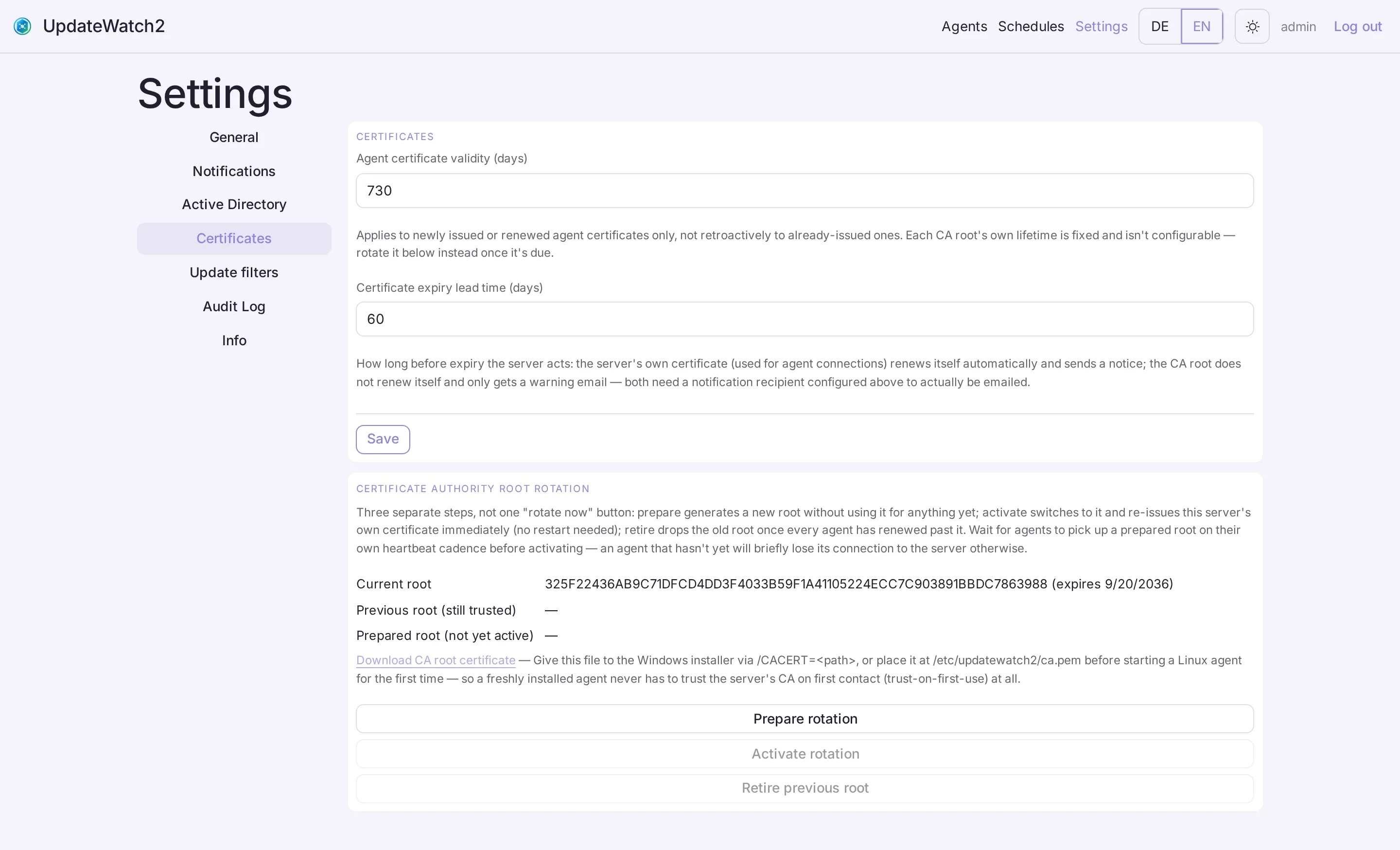 Certificate settings with validity period and three-step CA root rotation